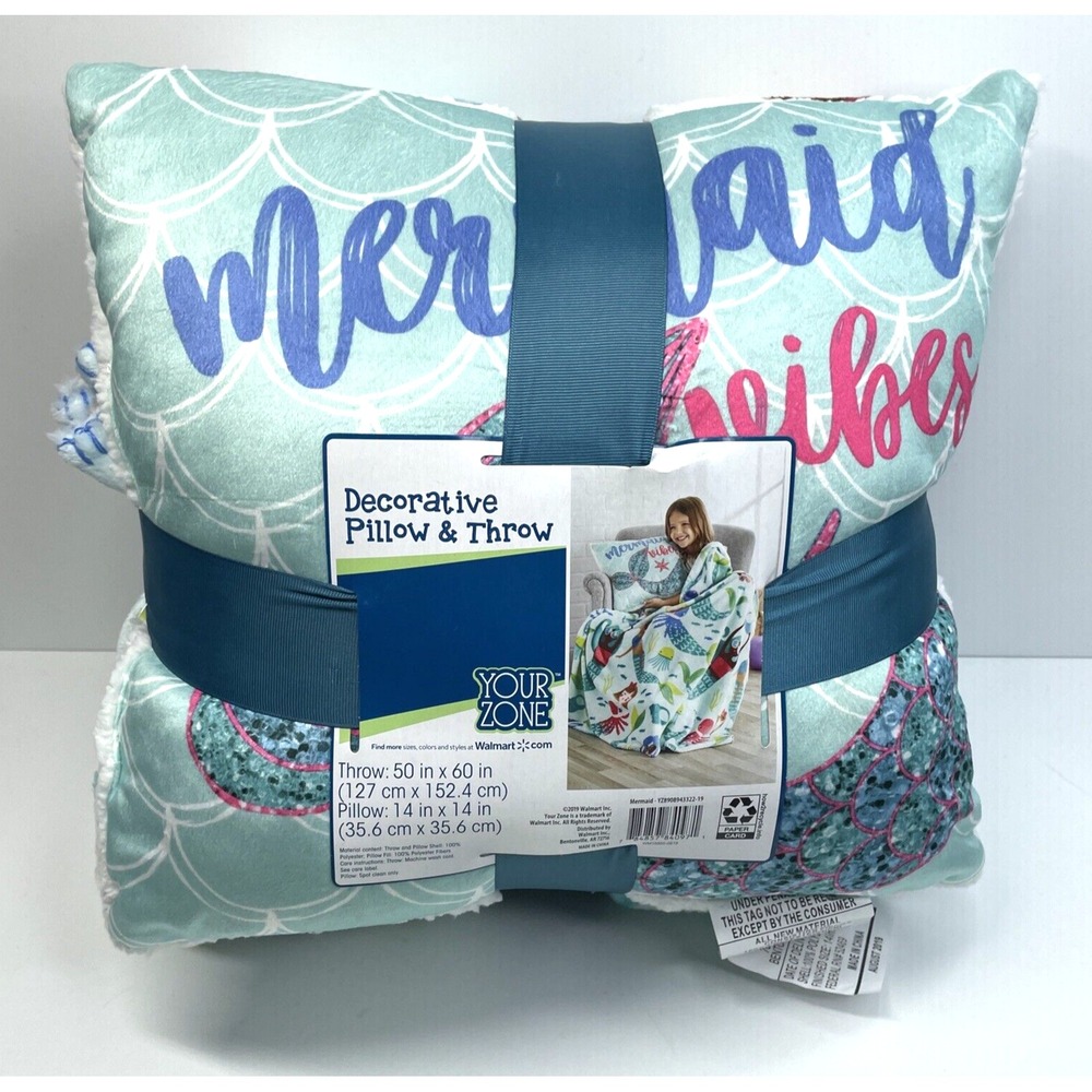 YOUR ZONE Matching Mermaid Pillow & Throw Blanket 50" x 60"